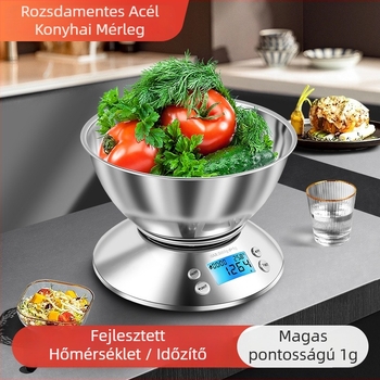 Konyhai mérleg tálkával, rozsdamentes acél, 5 kg/1 g, elektronikus, Modell XF-07