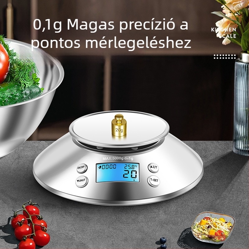 Konyhai mérleg tálkával, rozsdamentes acél, 5 kg/1 g, elektronikus, Modell XF-07