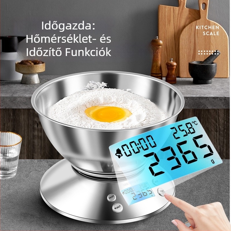 Konyhai mérleg tálkával, rozsdamentes acél, 5 kg/1 g, elektronikus, Modell XF-07