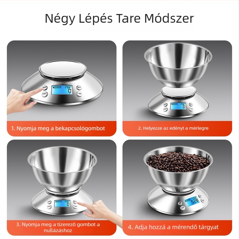 Konyhai mérleg tálkával, rozsdamentes acél, 5 kg/1 g, elektronikus, Modell XF-07