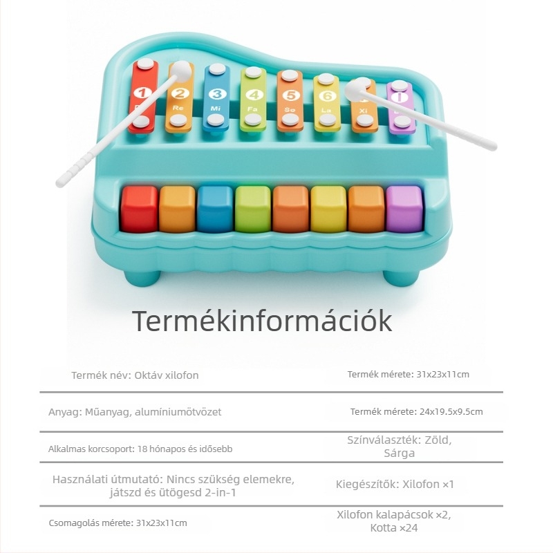 Műanyagból készült kézütéses zongora nyolc hanggal és kétfunkciós xilofonnal; 0–3 éveseknek; 3C tanúsítva, kód 2023152202046703