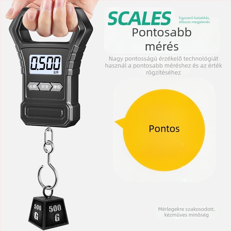 Hordozható elektronikus mérleg, 50 kg kapacitás, mini precíz rugós mérleg horoggal