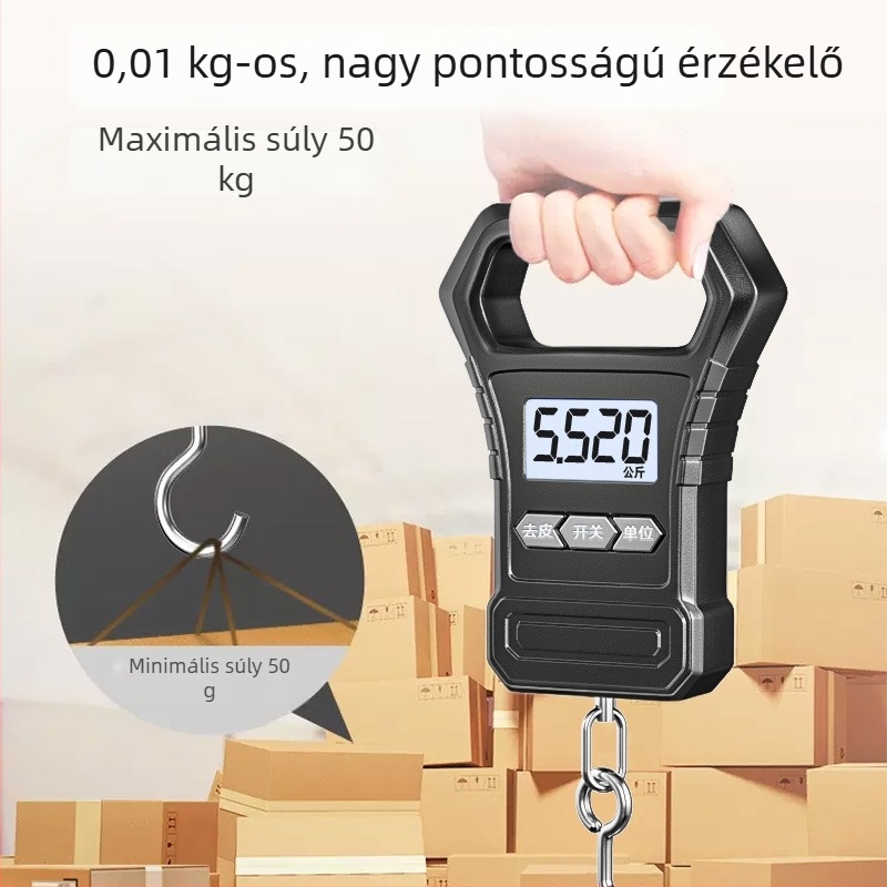 Hordozható elektronikus mérleg, 50 kg kapacitás, mini precíz rugós mérleg horoggal