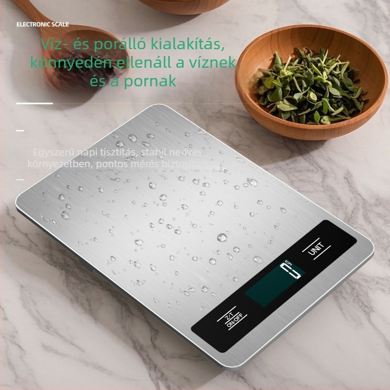 K18b rozsdamentes acél konyhai mérleg, 1 g–15 kg, 1 g-os osztás, újratölthető vagy 2x AAA elem, elektronikus élelmiszer-mérleg