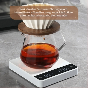 Újratölthető kávémérleg, 3 kg kapacitás, digitális konyhai mérleg 0,1 g pontossággal, gyors töltés és időzítő.
