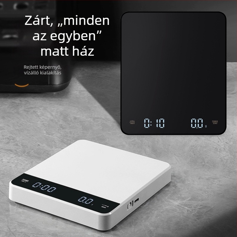 Újratölthető kávémérleg, 3 kg kapacitás, digitális konyhai mérleg 0,1 g pontossággal, gyors töltés és időzítő.