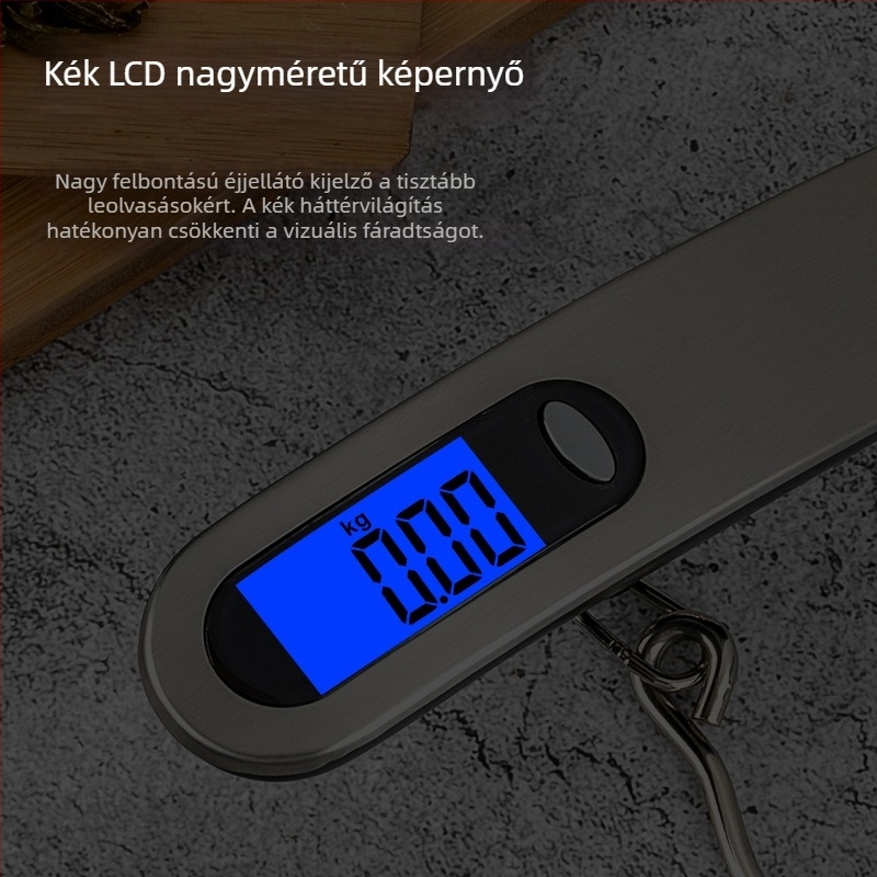 Hordozható kézi poggyászmérleg kampóval, 50 kg kapacitás, elektronikus
