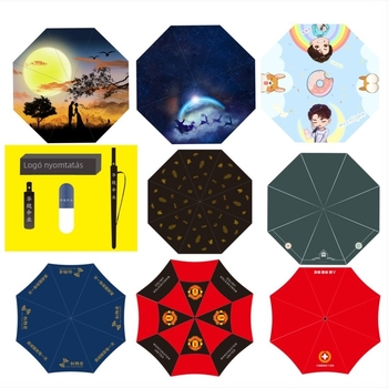 Reklám esernyő személyre szabható logóval, összecsukható parasol, 8 acél borda, 190T anyagú szövet, UPF >50