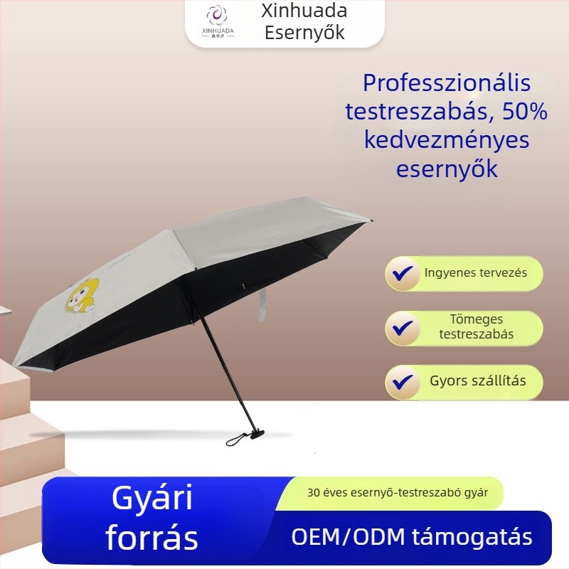 Kézi működtetésű 6 bordás esernyő, 5-darab összecsukás, vastag vinil bevonat, UV-védelem, kompakt és hordozható, napsütésre és esőre