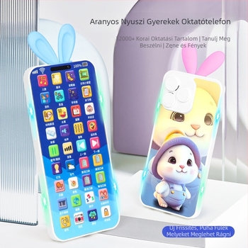 Nyuszifülű oktatótelefon gyerekeknek, interaktív zene és mesék, rágózható játék, elemről működik (0–3 év; elemről működik; interaktív; zene és mesék; rágózható)