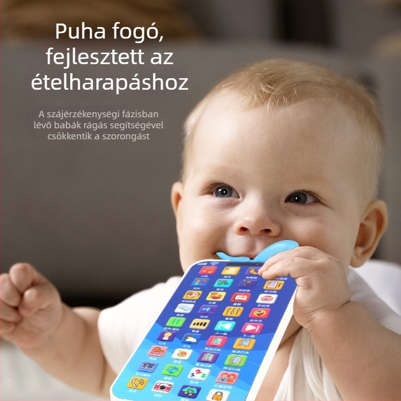 Nyuszifülű oktatótelefon gyerekeknek, interaktív zene és mesék, rágózható játék, elemről működik (0–3 év; elemről működik; interaktív; zene és mesék; rágózható)