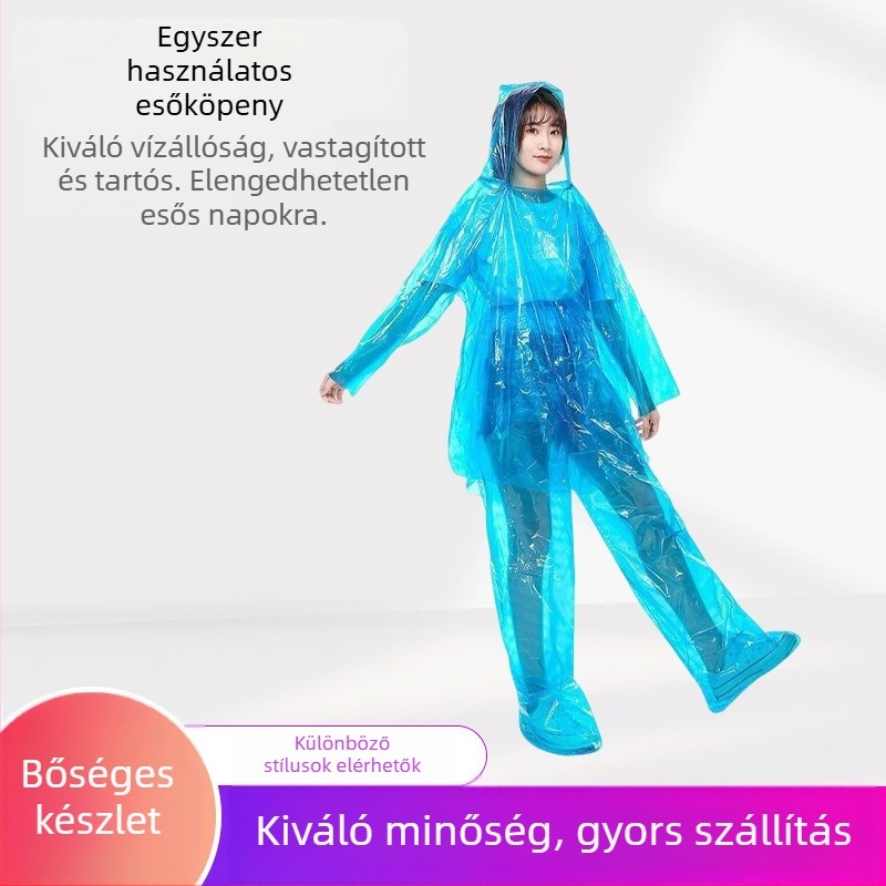 Egyszer használatos, vastag esőkabát és esőnadrág készlet, uniszex felnőtteknek, raftinghez, por- és vízálló esőponcho, hordozható kültéren, PE anyagú