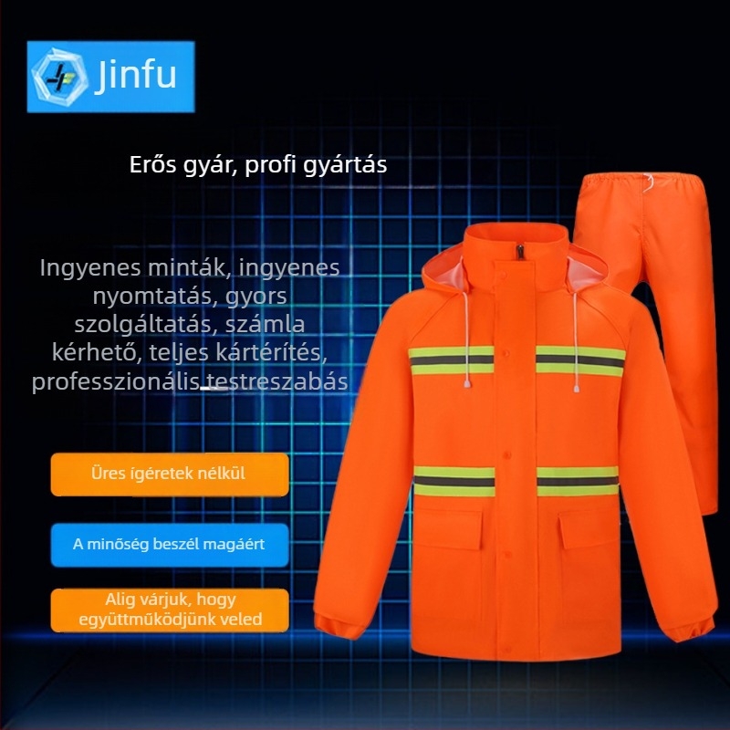 Yujinfu Osztott esőkabát és nadrág készlet szolgálati tisztítási/építési munkákhoz, poliészter tafta, anyagvastagság 1.1 mm, esőkabát átlagos vastagsága, PU ragasztó és PVC vízálló réteg