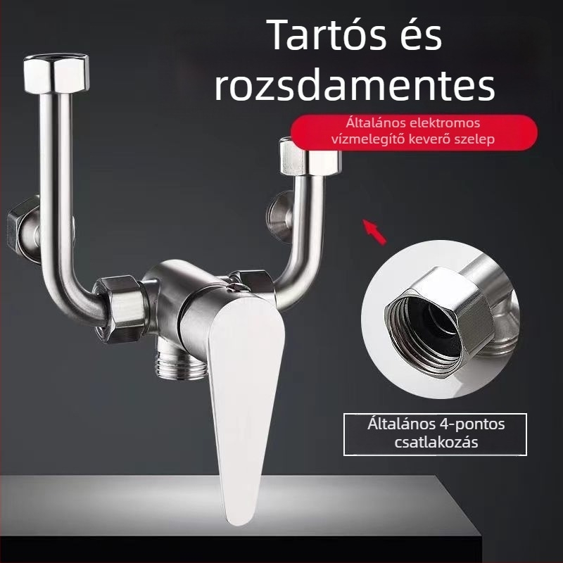 Rozsdamentes acélból készült elektromos vízmelegítő U-szögben álló keverő szeleppel zuhanyhoz, modell BSH-8803, működési nyomás 0.8, hideg víz 5, meleg víz 100, kimeneti áramlás 6–10