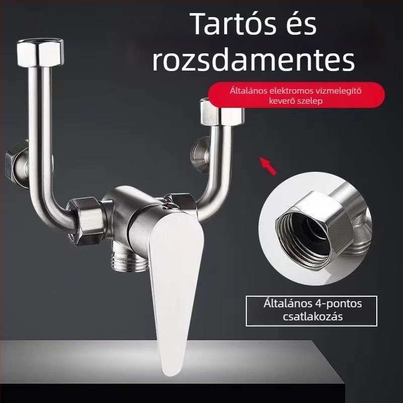 Rozsdamentes acélból készült elektromos vízmelegítő U-szögben álló keverő szeleppel zuhanyhoz, modell BSH-8803, működési nyomás 0.8, hideg víz 5, meleg víz 100, kimeneti áramlás 6–10