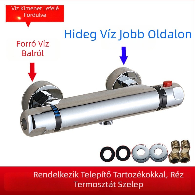 Zuhanycsap termosztatikus keverő, napelemes vízmelegítőhöz kompatibilis; modell ZC-812, réz test, krómozott felület, termosztatikus vezérlőmag, 20-50°C