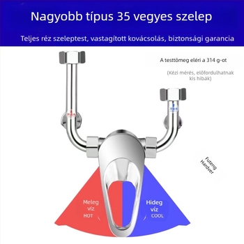 Vízkeverő szelep, teljes réz test, ötvözet fogantyúval; normál nyomás; hideg víz 5°C; forró víz 80°C; típus 35, nagyított modell elektromos és gáztüzelésű vízmelegítőkhez