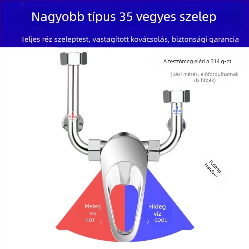 Vízkeverő szelep, teljes réz test, ötvözet fogantyúval; normál nyomás; hideg víz 5°C; forró víz 80°C; típus 35, nagyított modell elektromos és gáztüzelésű vízmelegítőkhez
