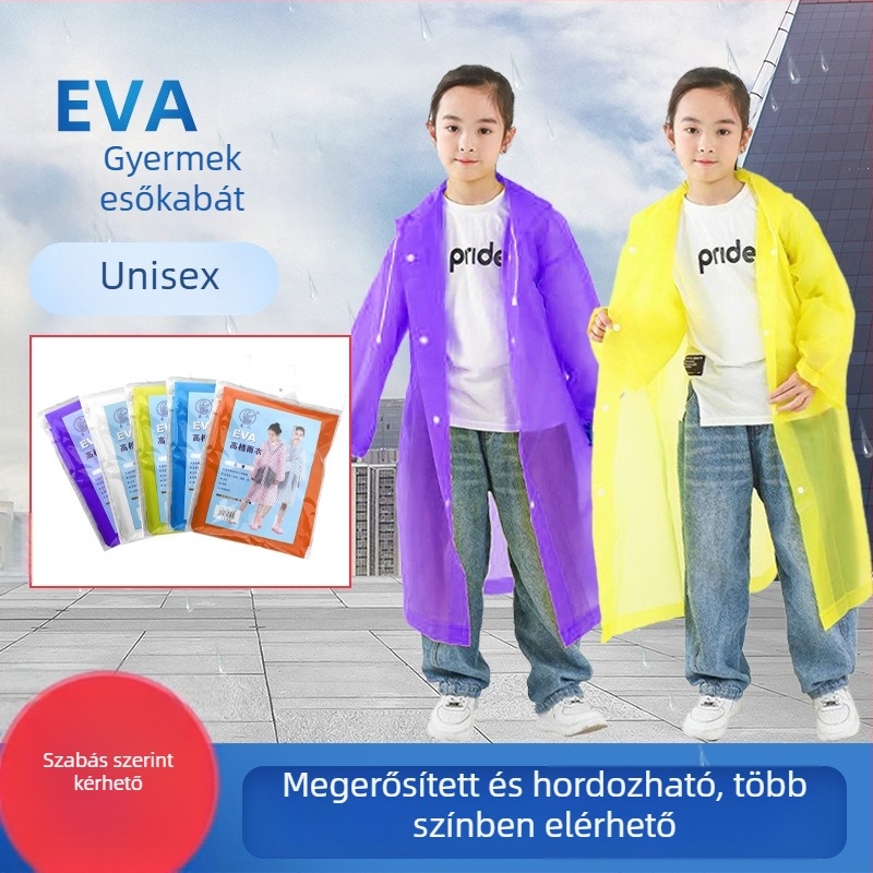 Gyerek EVA esőponcsó, újrahasználható teljes testű esőkabát, EVA anyagból, 0,1–0,5 mm vastagság, vízálló PE ragasztóréteg, zacskós csomagolás, logó nyomtatás