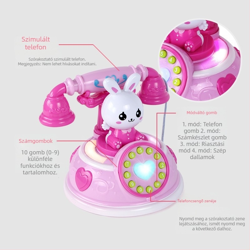 Gyerekeknek készült retro rajzfilmtelefon az óvodai neveléshez — zene/hang funkcióval, műanyagból, 0–3 éveseknek