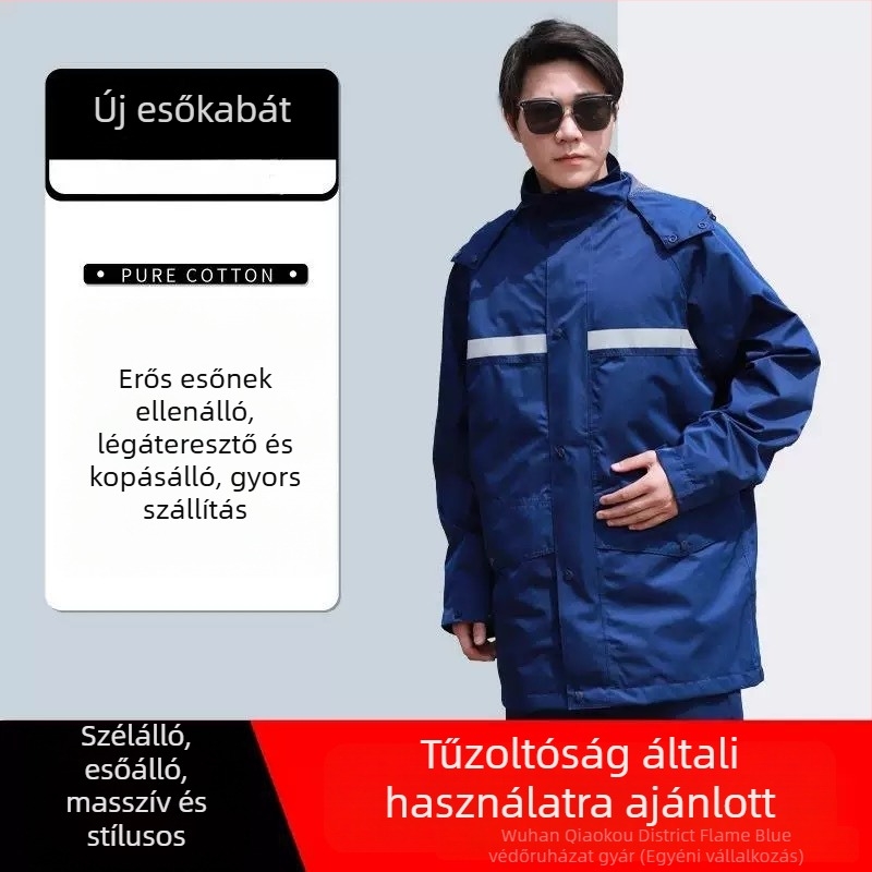 Uniszex esőkabát és nadrág kerékpározáshoz kültéren, kék, két részes, fényvisszaverő csíkokkal