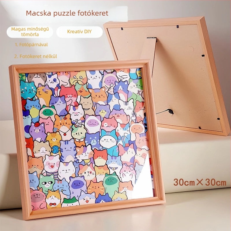 Fa DIY 3D puzzle fotókeret – szabálytalan formájú építőelemek, kézzel festett cicás motívummal, 4–6 éveseknek.