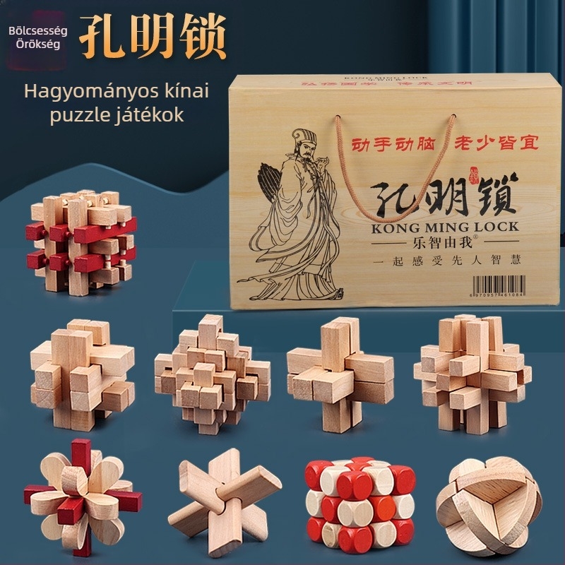 Fából készült Luban Lock / Kong Ming Lock – puzzle zár, tíz szintű magas nehézség, kilenc összekapcsolt gyűrűvel, 7–14 éveseknek