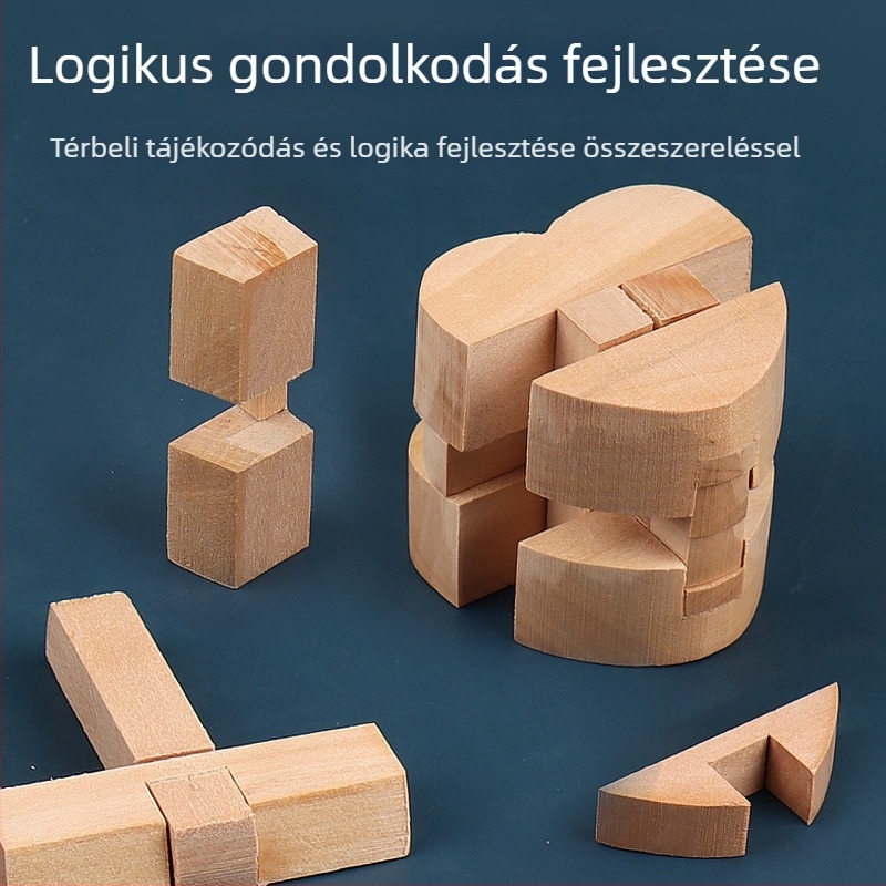 Fából készült Luban Lock / Kong Ming Lock – puzzle zár, tíz szintű magas nehézség, kilenc összekapcsolt gyűrűvel, 7–14 éveseknek