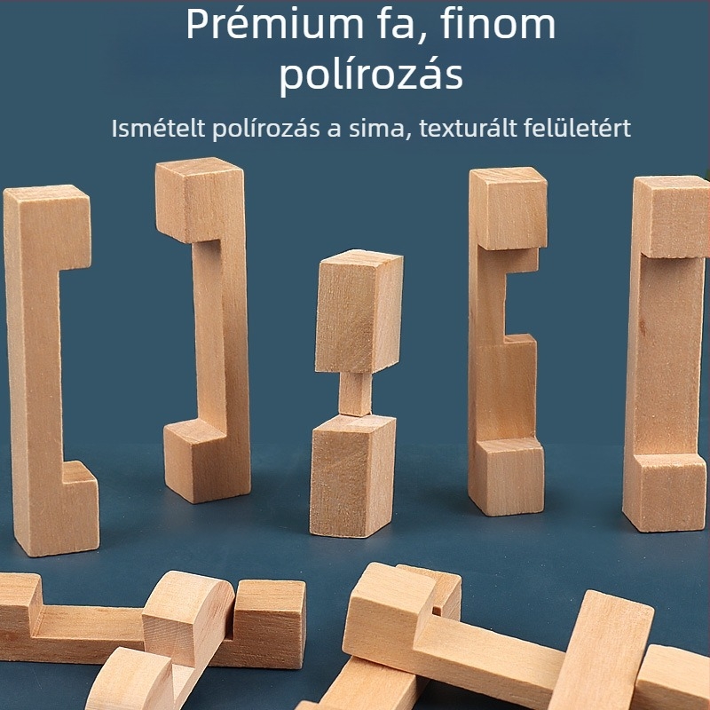 Fából készült Luban Lock / Kong Ming Lock – puzzle zár, tíz szintű magas nehézség, kilenc összekapcsolt gyűrűvel, 7–14 éveseknek