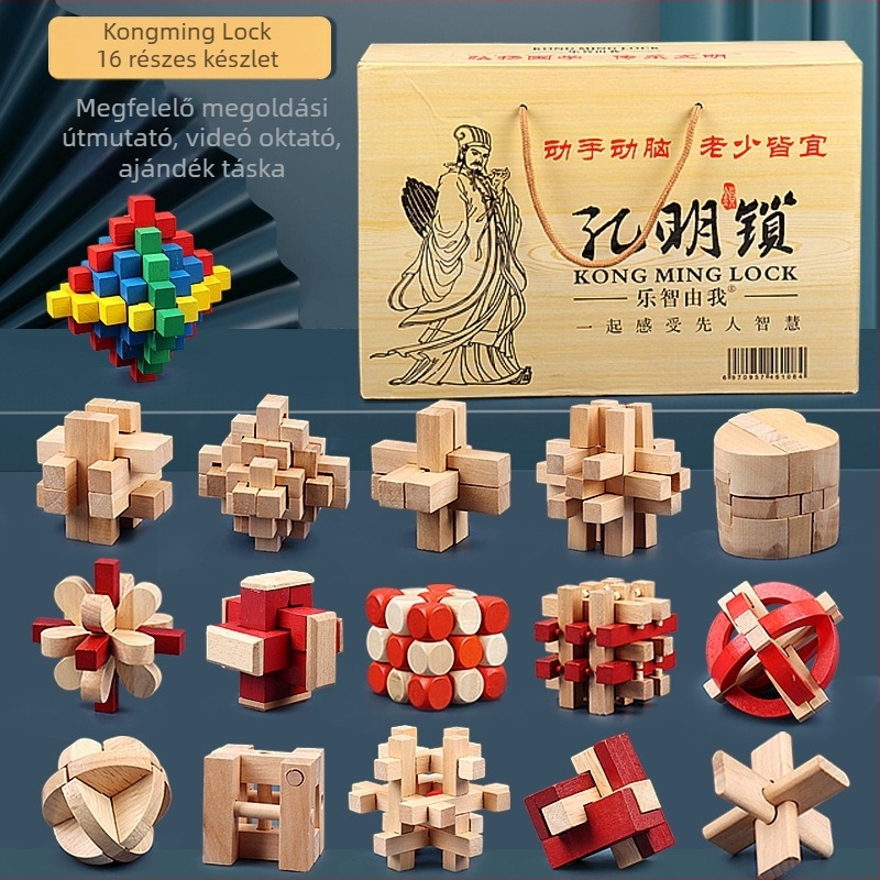 Fából készült Luban Lock / Kong Ming Lock – puzzle zár, tíz szintű magas nehézség, kilenc összekapcsolt gyűrűvel, 7–14 éveseknek