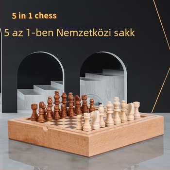 Öt az egyben fa társasjáték készlet bükkfa dobozban