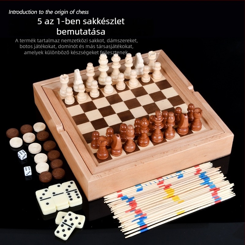 Öt az egyben fa társasjáték készlet bükkfa dobozban