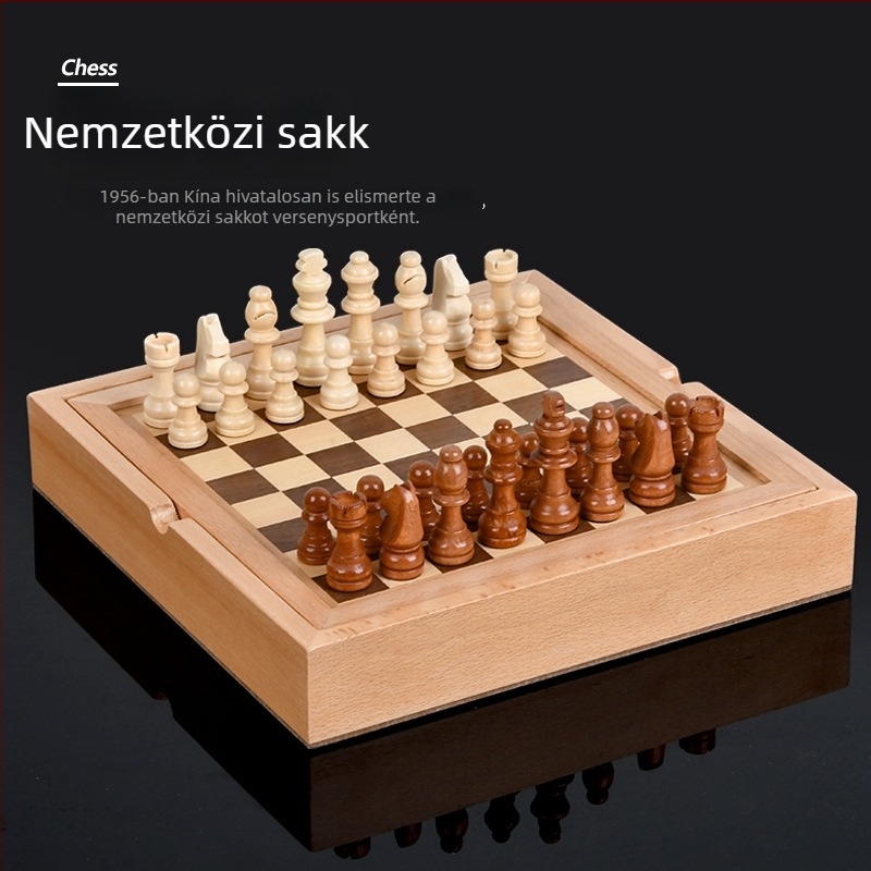 Öt az egyben fa társasjáték készlet bükkfa dobozban