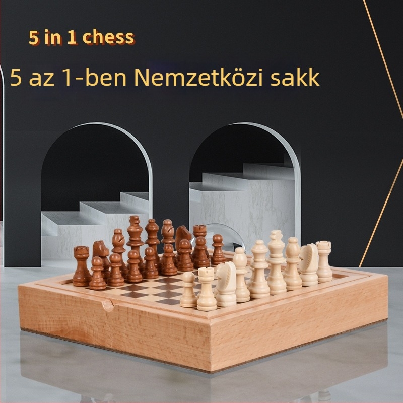 Öt az egyben fa társasjáték készlet bükkfa dobozban