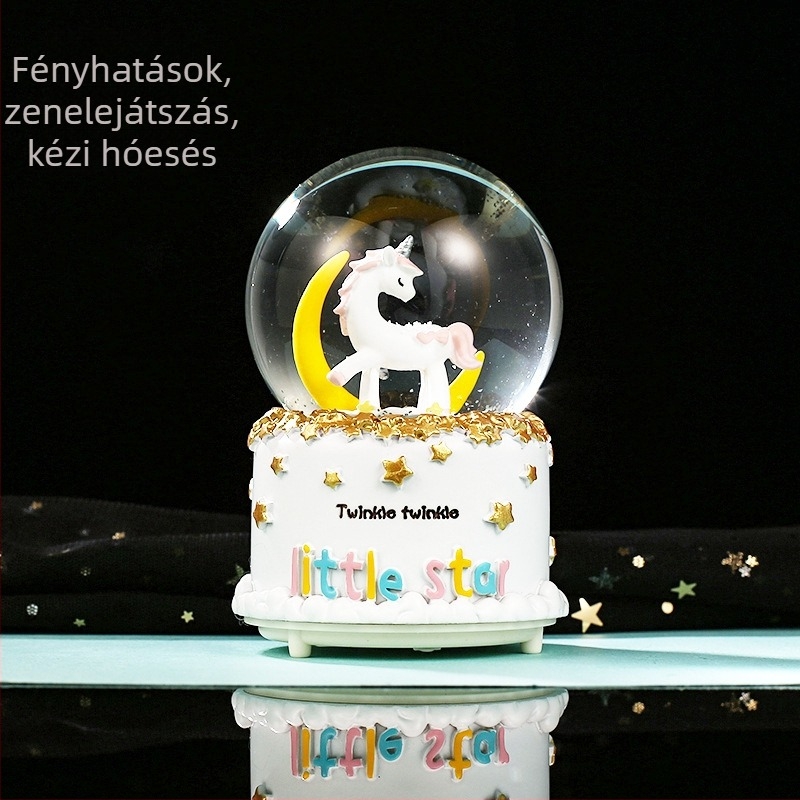 Moon Rainbow Series világító hópelyhes kristálygömb unikornissal – zenei doboz, festett gyanta, rajzfilmszerű stílus
