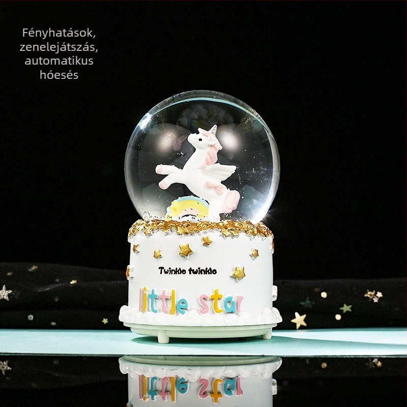 Moon Rainbow Series világító hópelyhes kristálygömb unikornissal – zenei doboz, festett gyanta, rajzfilmszerű stílus