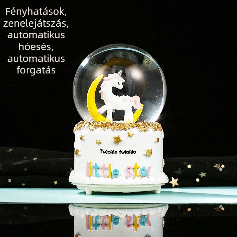 Moon Rainbow Series világító hópelyhes kristálygömb unikornissal – zenei doboz, festett gyanta, rajzfilmszerű stílus