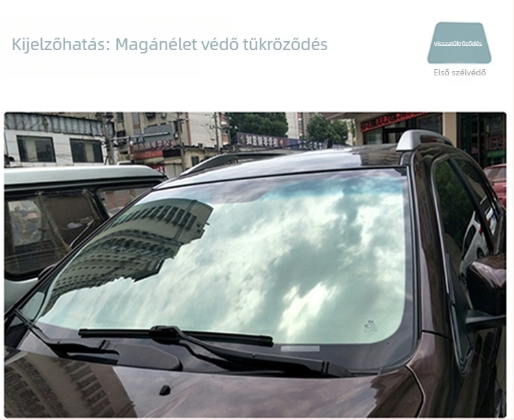 Autó első szélvédő fólia hőszigeteléssel és robbanásbiztos tulajdonságokkal, átengedés 71–80%, fém szigetelő réteg, 10+ éves garancia