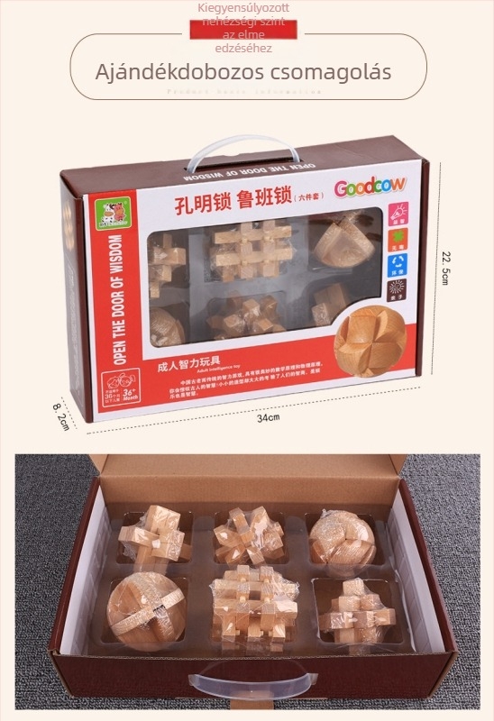 Fából készült Lu Ban Lock / Kongming Lock logikai puzzle, kinyitható funkcióval, Ruisheng márka, 8–12 éveseknek