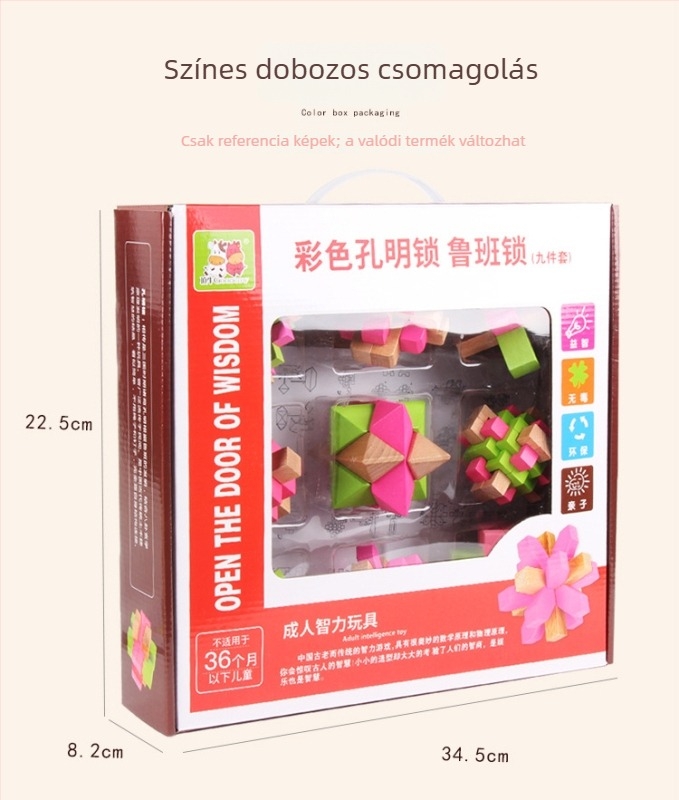 Fából készült Lu Ban Lock / Kongming Lock logikai puzzle, kinyitható funkcióval, Ruisheng márka, 8–12 éveseknek