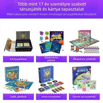 Testreszabható asztali játék készlet kártyákkal, hajtogatható játéktáblával és valuta kártyákkal — kemény papír kiadás, ajándékdobozos csomagolás, 4–6 éveseknek.