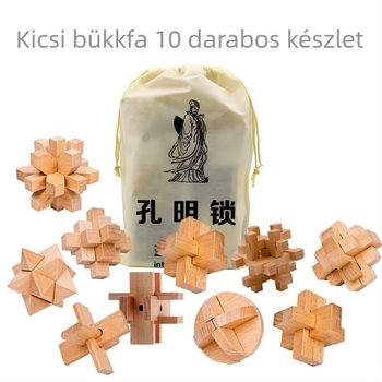 Kongming-Luban fa logikai puzzle, 10 darabos bükkfa készlet a kognitív fejlődésért, 7–14 éveseknek, Ding Ci