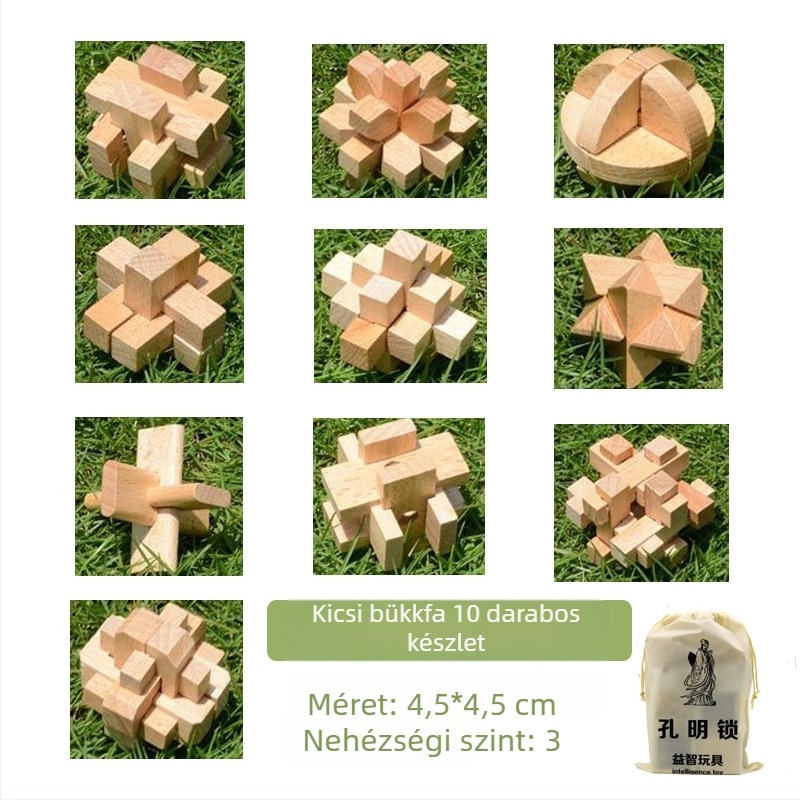 Kongming-Luban fa logikai puzzle, 10 darabos bükkfa készlet a kognitív fejlődésért, 7–14 éveseknek, Ding Ci
