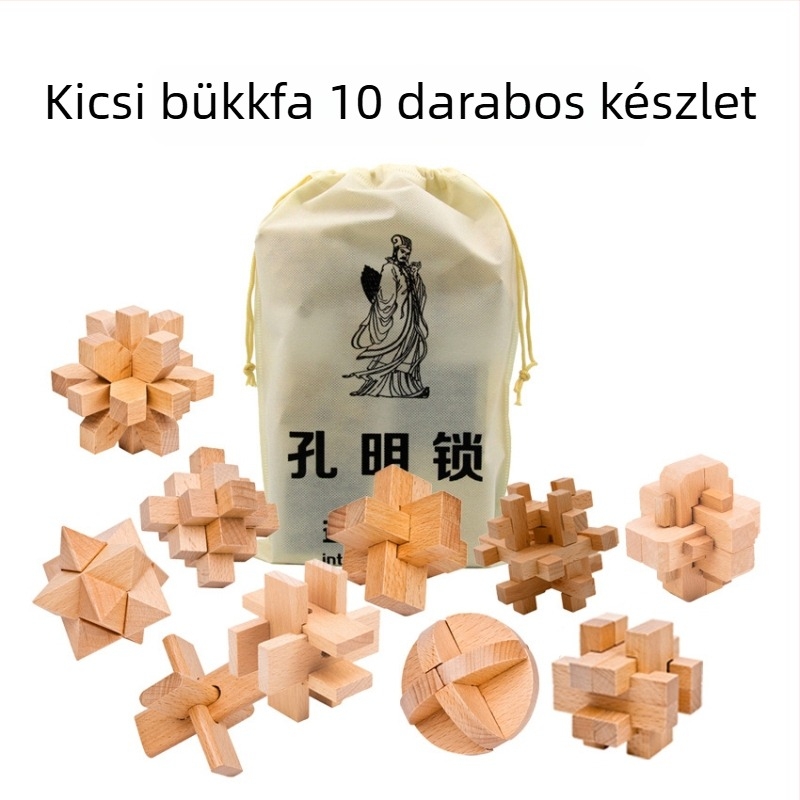 Kongming-Luban fa logikai puzzle, 10 darabos bükkfa készlet a kognitív fejlődésért, 7–14 éveseknek, Ding Ci