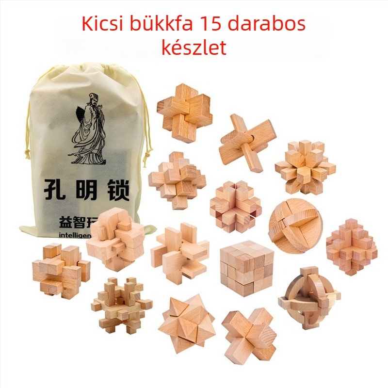 Kongming-Luban fa logikai puzzle, 10 darabos bükkfa készlet a kognitív fejlődésért, 7–14 éveseknek, Ding Ci