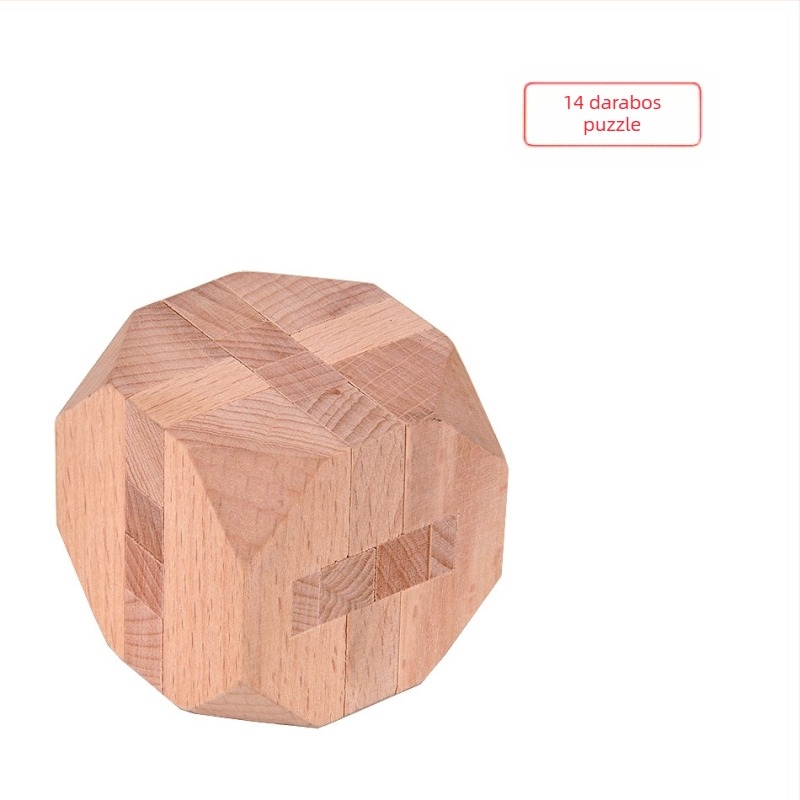 Fából készült Kong Ming/Luban záras puzzle – háromrészes készlet fa dobozban, Jupiter-piramis és 14 oldalú polyéder, 7–14 éveseknek