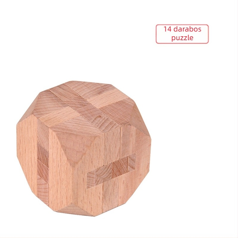 Fából készült Kong Ming/Luban záras puzzle – háromrészes készlet fa dobozban, Jupiter-piramis és 14 oldalú polyéder, 7–14 éveseknek