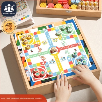 Fából készült többjátékos társasjáték-készlet: Flying Chess, Gomoku és Monopoly – oktató jellegű családi játék