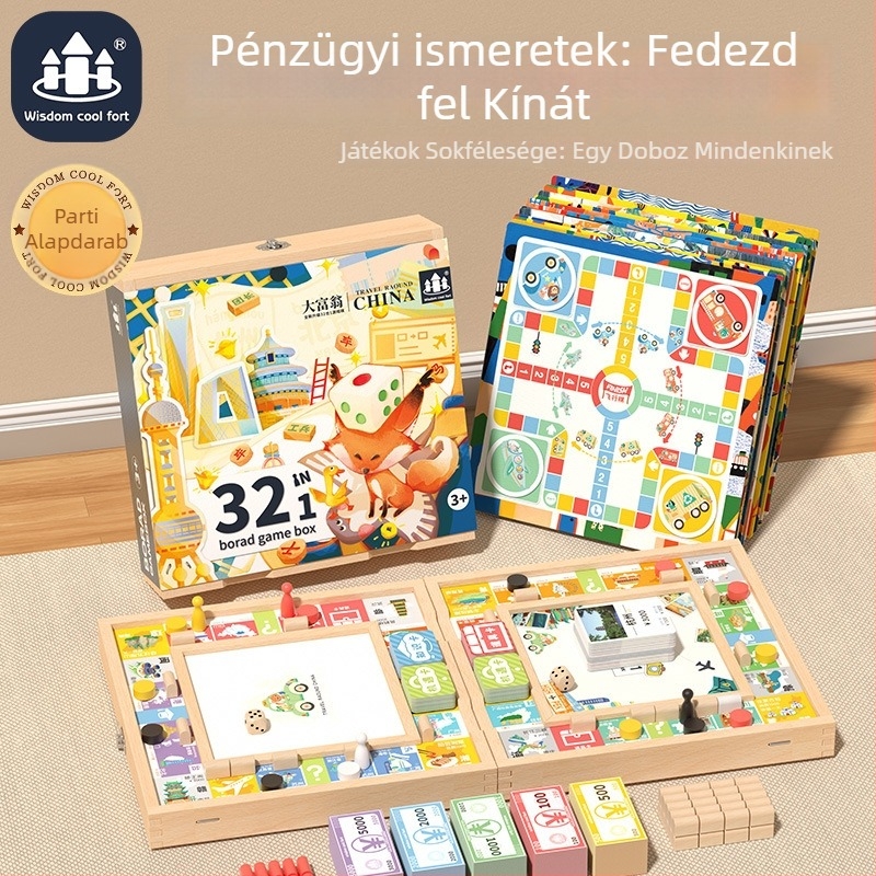 Fából készült többjátékos társasjáték-készlet: Flying Chess, Gomoku és Monopoly – oktató jellegű családi játék
