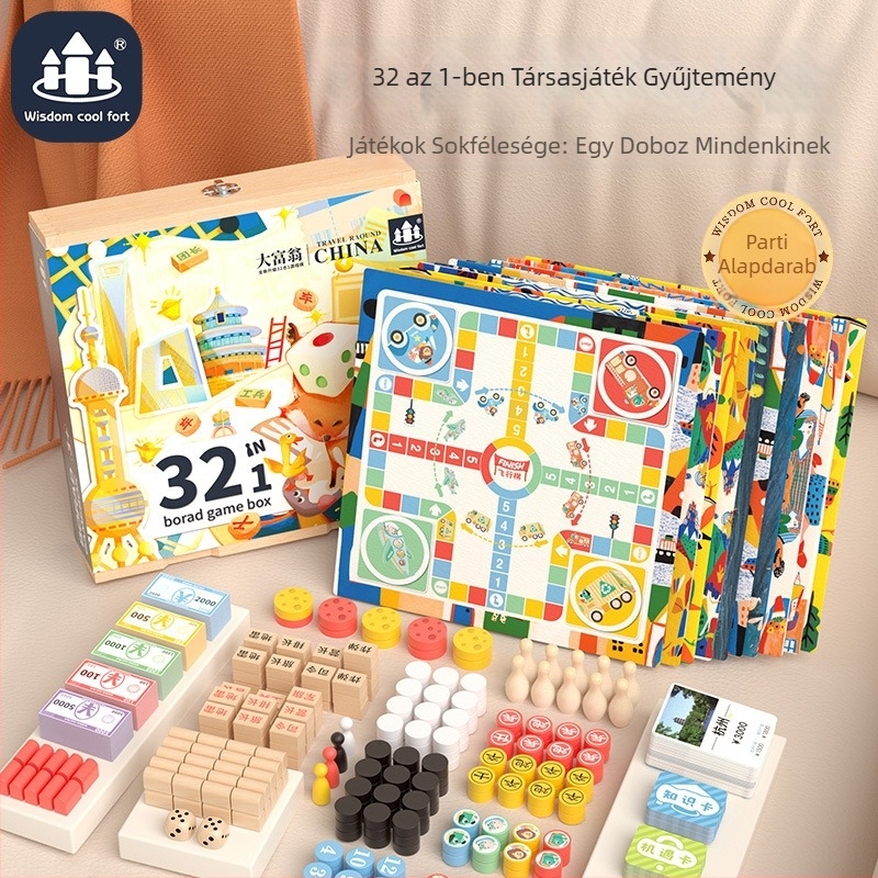 Fából készült többjátékos társasjáték-készlet: Flying Chess, Gomoku és Monopoly – oktató jellegű családi játék
